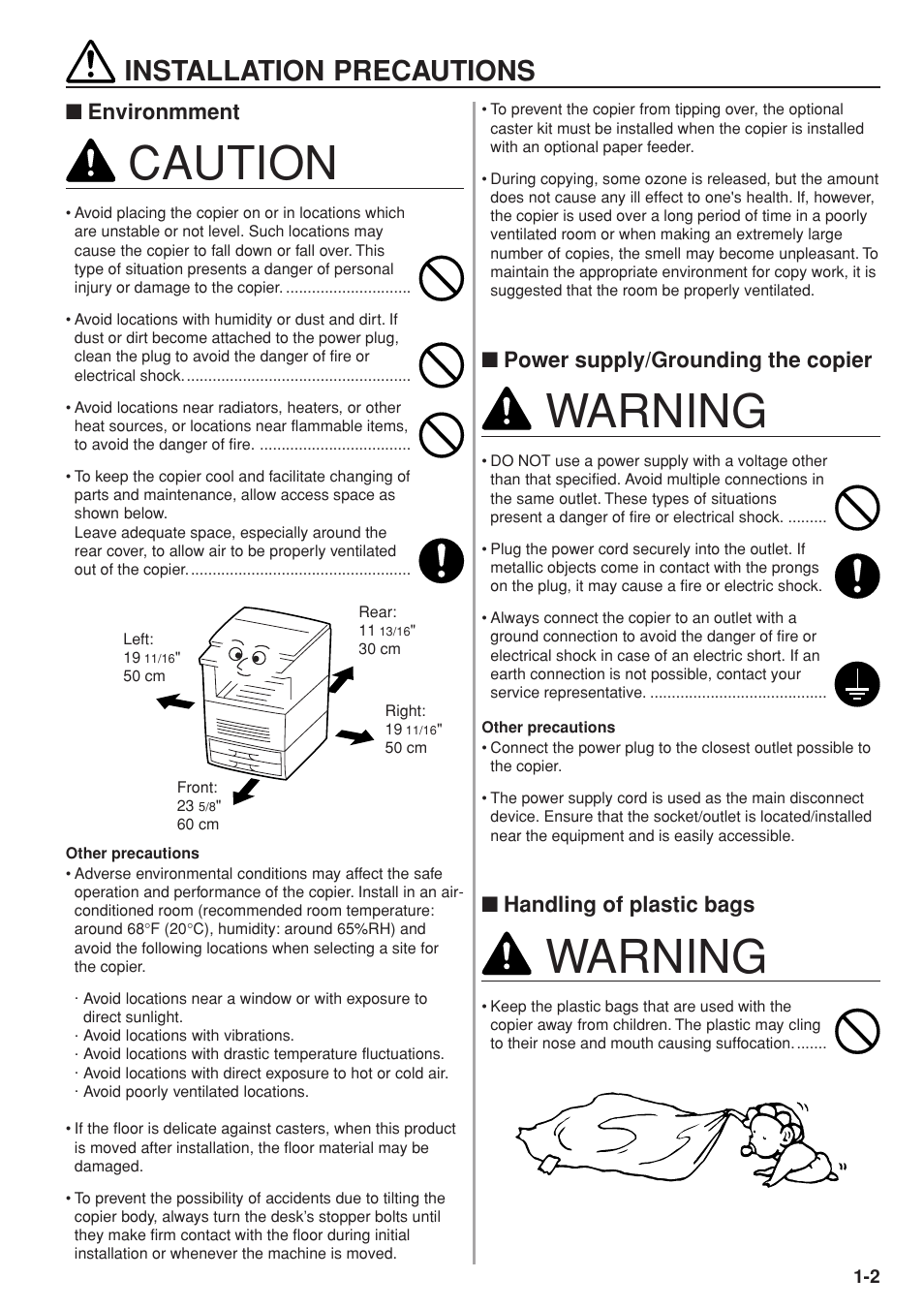 Warning, Caution, Installation precautions | Power supply/grounding the copier, Handling of plastic bags, Environmment | Kyocera KM-C830 User Manual | Page 15 / 161