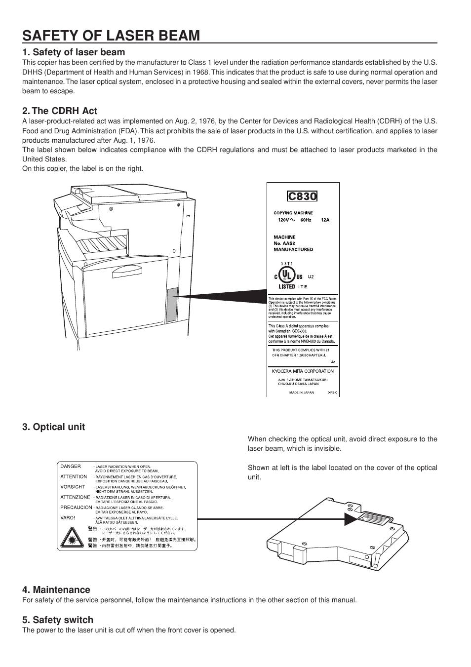 Safety of laser beam | Kyocera KM-C830 User Manual | Page 156 / 161