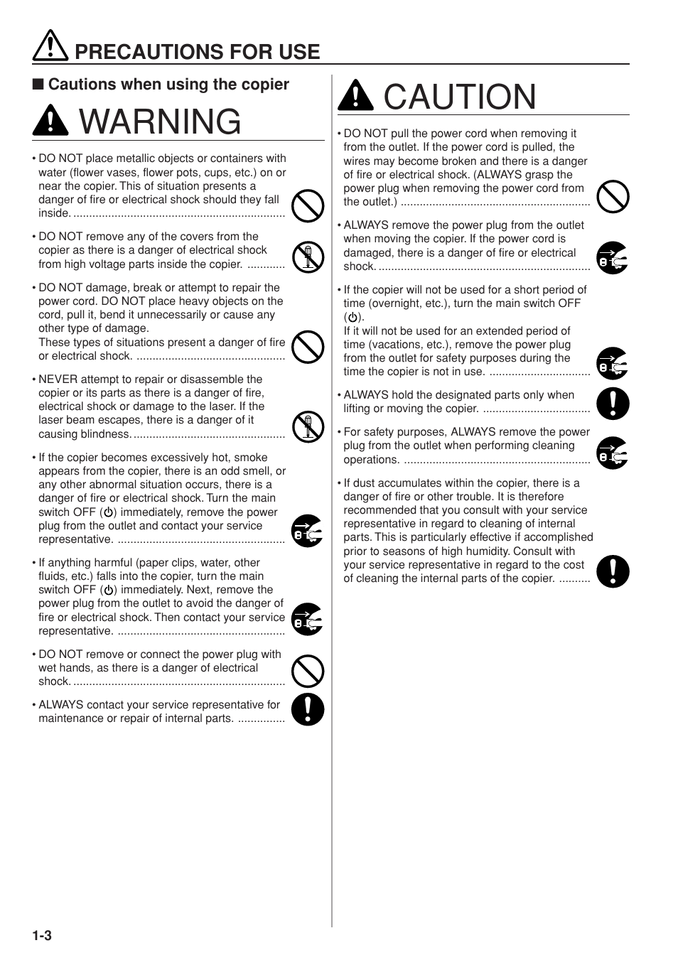 Caution, Warning, Precautions for use | Kyocera KM-C830 User Manual | Page 16 / 161