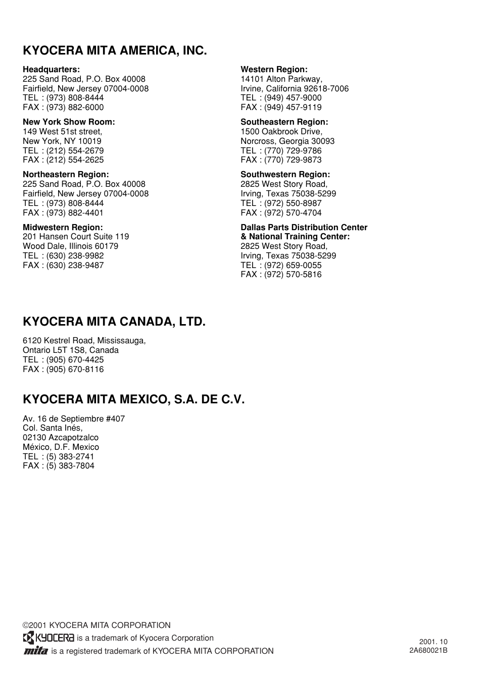 Kyocera mita america, inc, Kyocera mita canada, ltd, Kyocera mita mexico, s.a. de c.v | Kyocera KM-C830 User Manual | Page 161 / 161