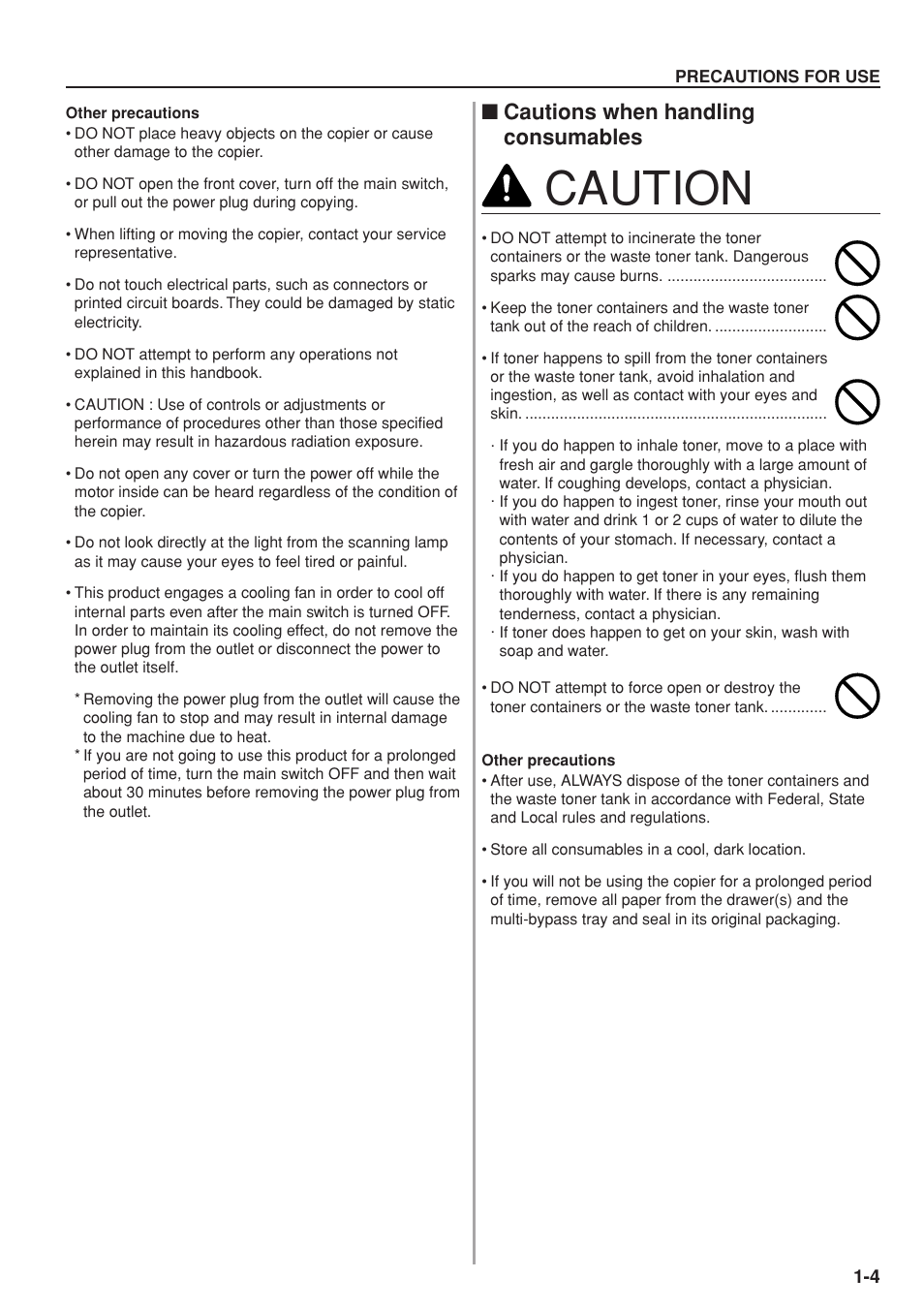 Caution, Cautions when handling consumables | Kyocera KM-C830 User Manual | Page 17 / 161