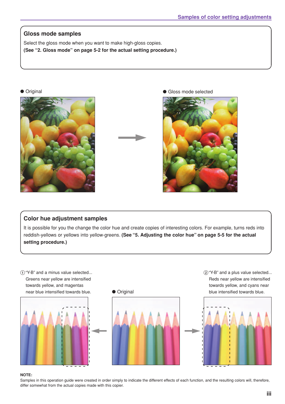 Color hue adjustment samples, Gloss mode samples | Kyocera KM-C830 User Manual | Page 5 / 161