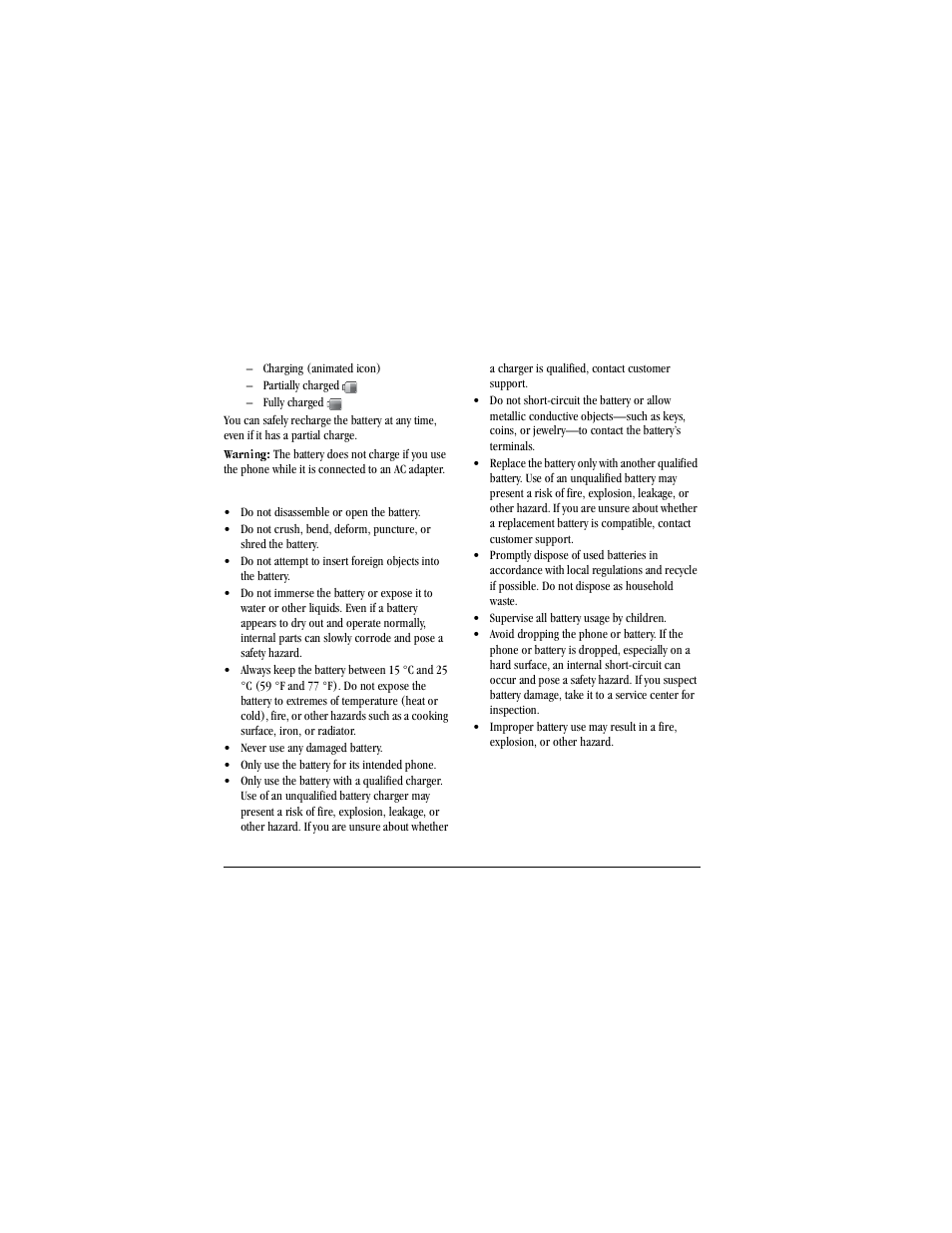 Charging (animated icon), Partially charged, Fully charged | You can safely, Battery:recharging, Recharging, Battery safety guidelines, Do not disassemble or open the battery, Never use any damaged battery, Only use the battery for its intended phone | Kyocera X-tc M2000 User Manual | Page 10 / 90