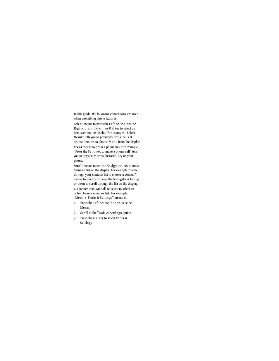 Guide conventions, Select means to press the, Select | Left option button, Right option button, Menu, Press, Send, Scroll means to use the, Scroll | Kyocera X-tc M2000 User Manual | Page 17 / 90