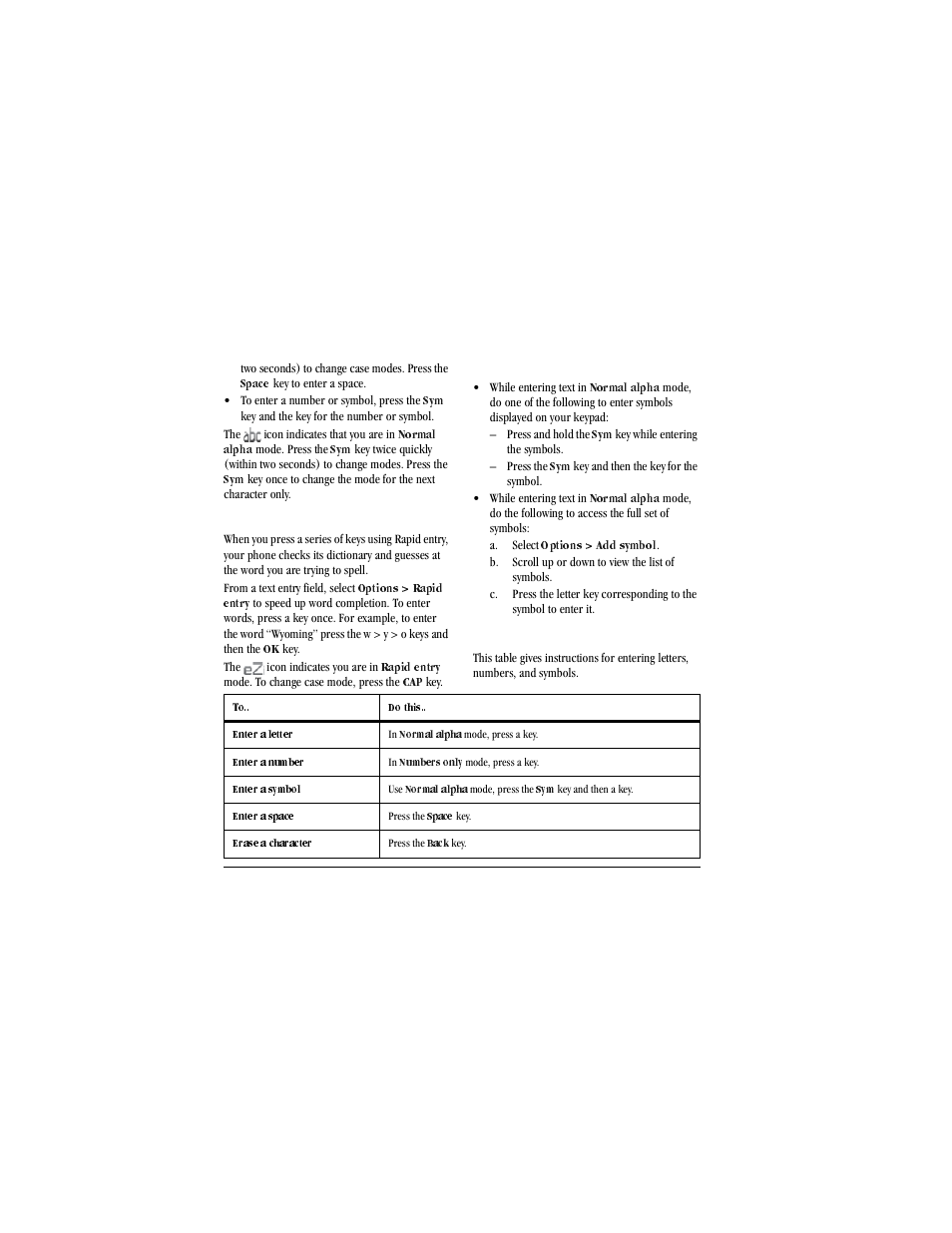 To enter a number or symbol, press the, Graphic, Normal alpha | Rapid entry with qwerty keypad, From a text entry field, select, Options, Rapid entry, Enter symbols with qwerty keypad, While entering text in, Press and hold the | Kyocera X-tc M2000 User Manual | Page 22 / 90