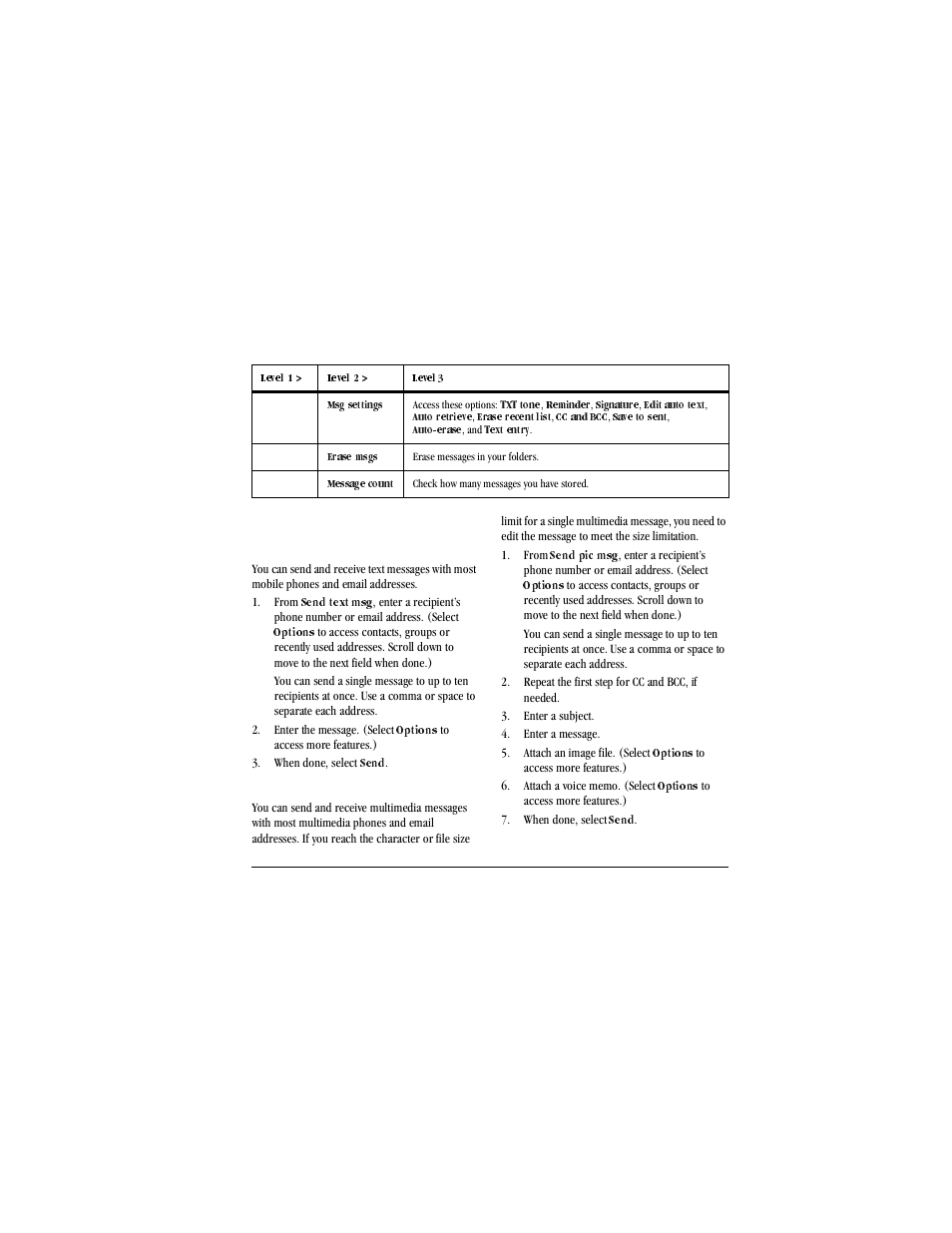 Table row, Msg settings, Access these options | Txt tone, Reminder, Signature, Edit auto text, Auto retrieve, Erase recent list, Cc and bcc | Kyocera X-tc M2000 User Manual | Page 25 / 90