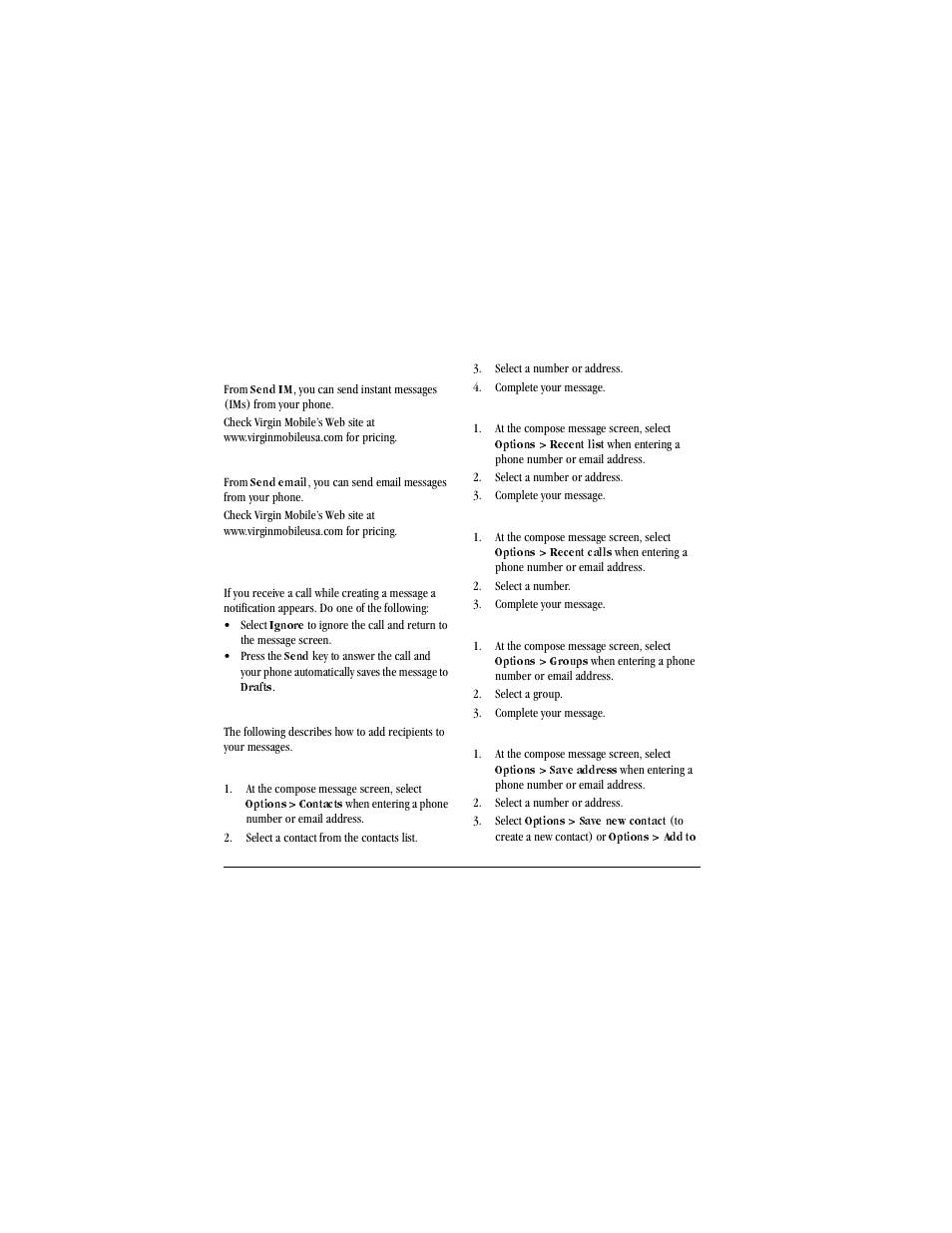 Create an instant message, From, Send im | Create an email message, Send email, Receive calls while creating messages, Select, Ignore, Press the, Send | Kyocera X-tc M2000 User Manual | Page 26 / 90