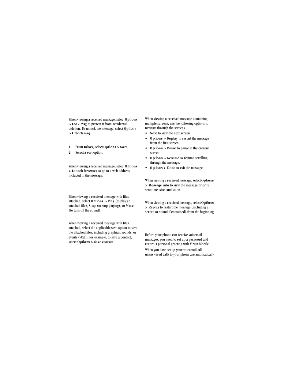 Lock messages, When viewing a received message, select, Options | Lock msg, Unlock msg, Sort messages in, Inbox, From, Sort, Select a sort option | Kyocera X-tc M2000 User Manual | Page 30 / 90