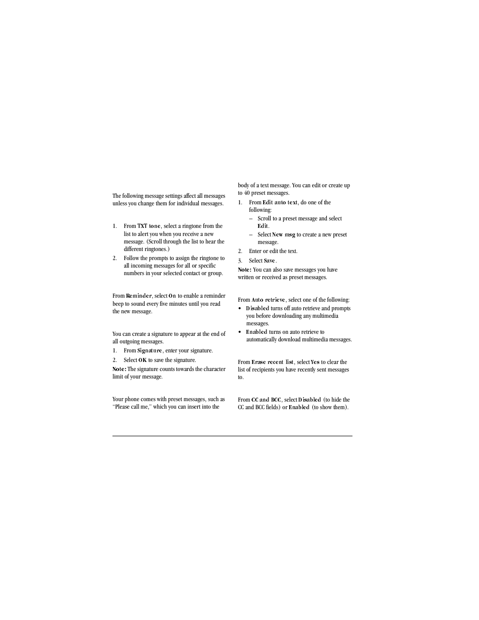 Message settings, Set your txt tone, From | Txt tone, Set your reminder, Reminder, Set your signature, Signature, Select, Edit preset messages | Kyocera X-tc M2000 User Manual | Page 32 / 90