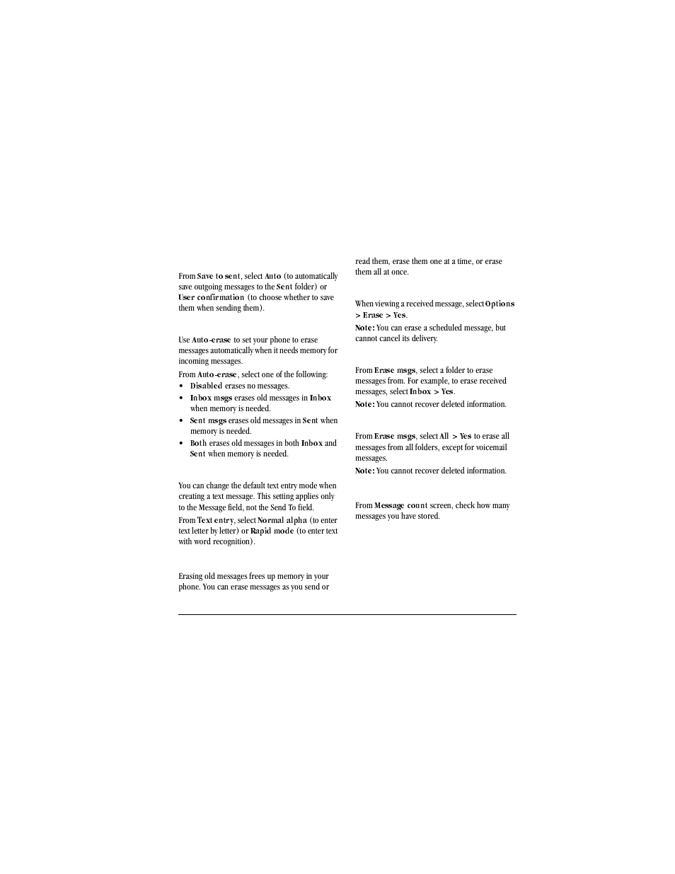 Enable save to sent, From, Save to sent | Auto, Sent, User confirmation, Enable auto-erase, Auto-erase, Disabled erases no messages, Disabled | Kyocera X-tc M2000 User Manual | Page 33 / 90