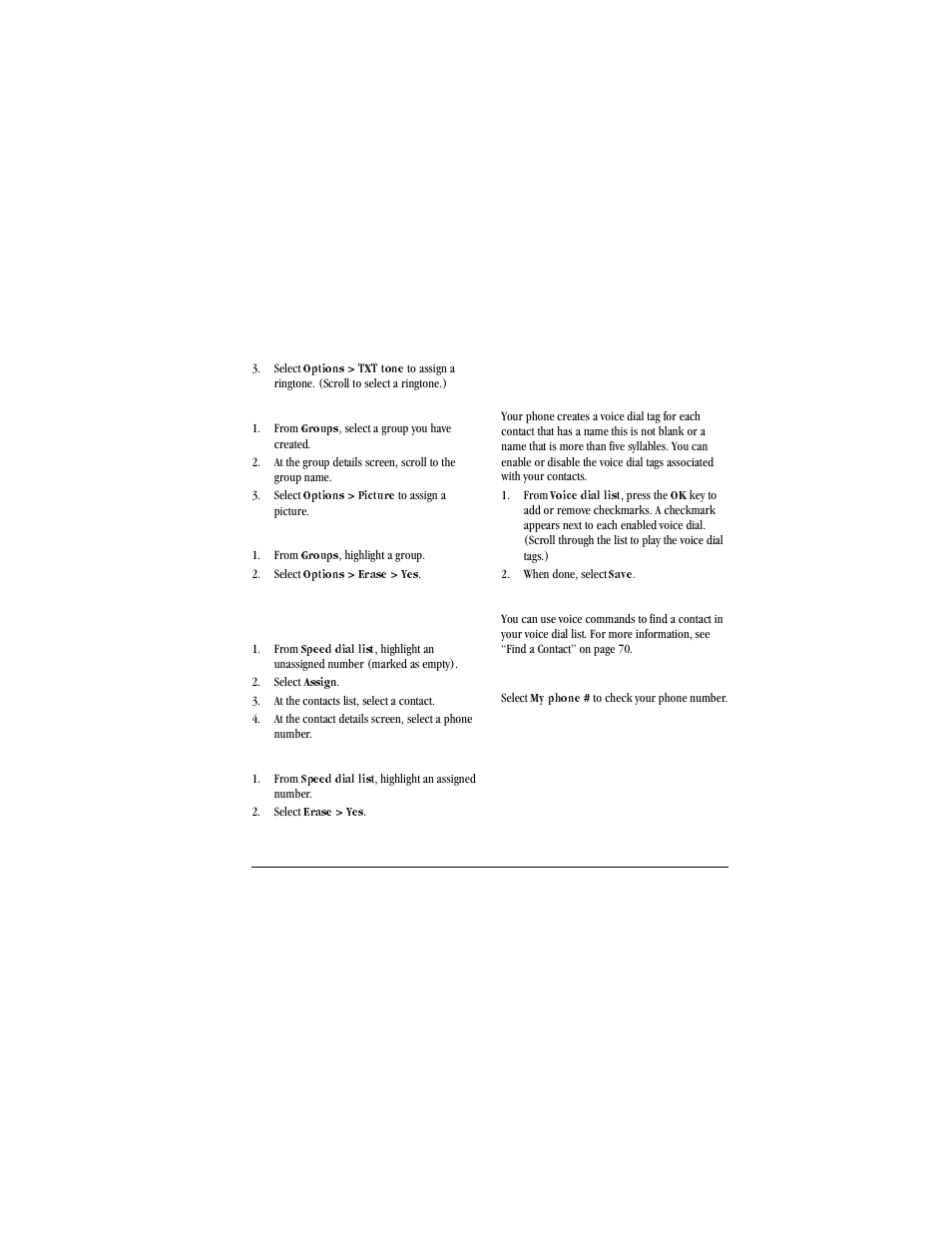 Select, Options, Txt tone | Assign pictures to groups, From, Groups, Picture, Erase a group, Erase, Speed dial list | Kyocera X-tc M2000 User Manual | Page 39 / 90