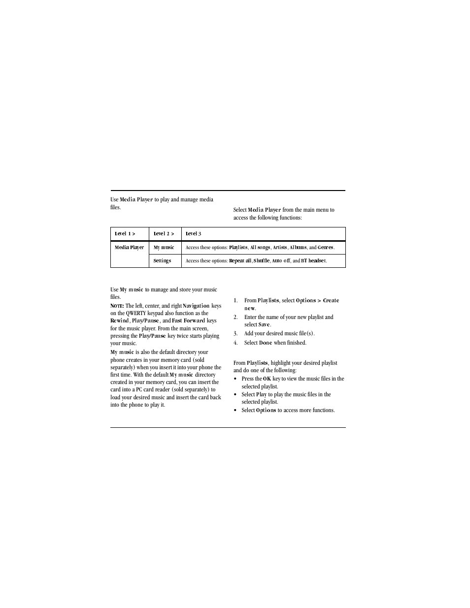 7 media player, Media player, Media player menu | Select, Table, Table heading, Table row, Level 1, Level 2, Level 3 | Kyocera X-tc M2000 User Manual | Page 42 / 90