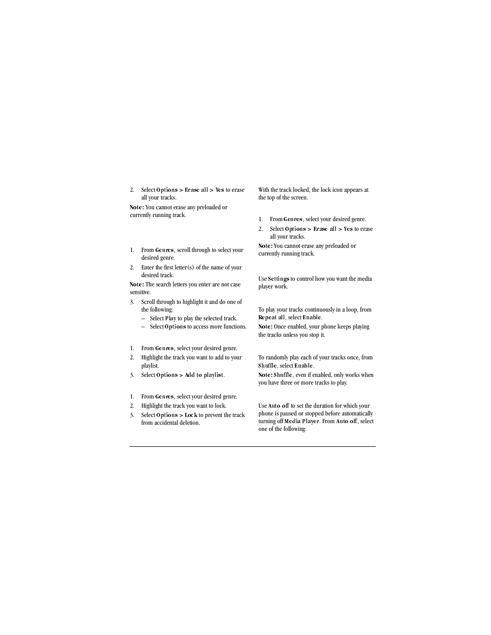 Select, Options, Erase all | Genres, Search for tracks in genres, From, Play, Add tracks to your playlist, Add to playlist, Lock tracks | Kyocera X-tc M2000 User Manual | Page 45 / 90