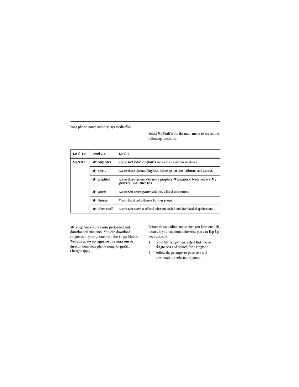 10 my stuff, Your phone stores and displays media files, My stuff menu | My stuff, Select, Table, Table heading, Table row, Level 1, Level 2 | Kyocera X-tc M2000 User Manual | Page 50 / 90
