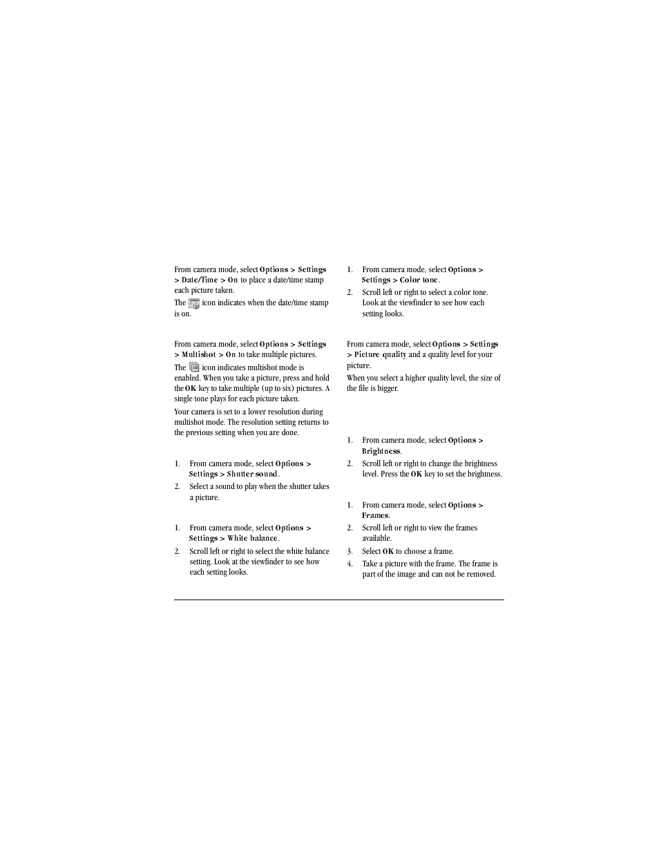 Enable date/time stamp, From camera mode, select, Options | Settings, Date/time, Graphic, Enable multishot mode, Multishot, Set shutter sound, Shutter sound | Kyocera X-tc M2000 User Manual | Page 55 / 90