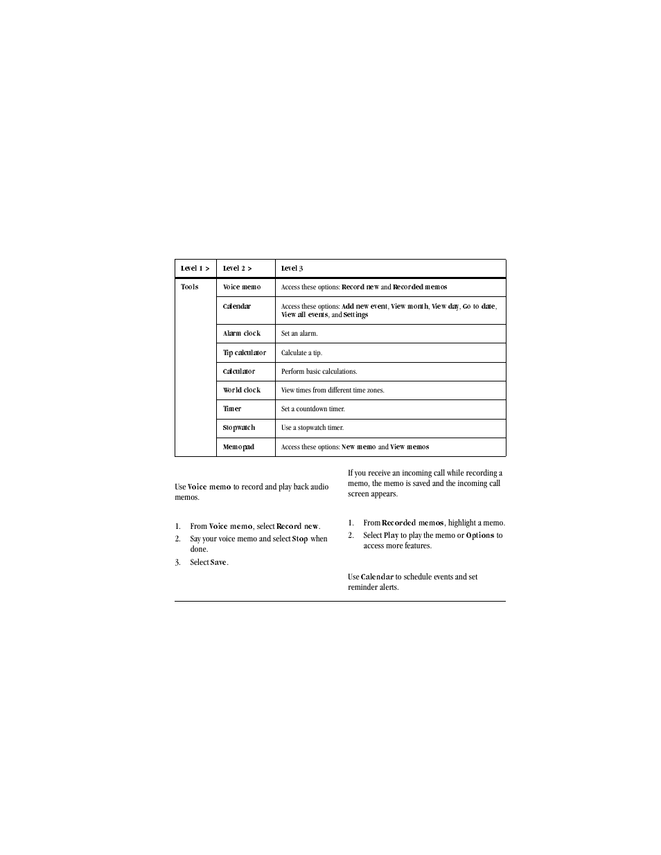 Table, Table heading, Table row | Level 1, Level 2, Level 3, Table body, Tools, Voice memo, Access these options | Kyocera X-tc M2000 User Manual | Page 59 / 90