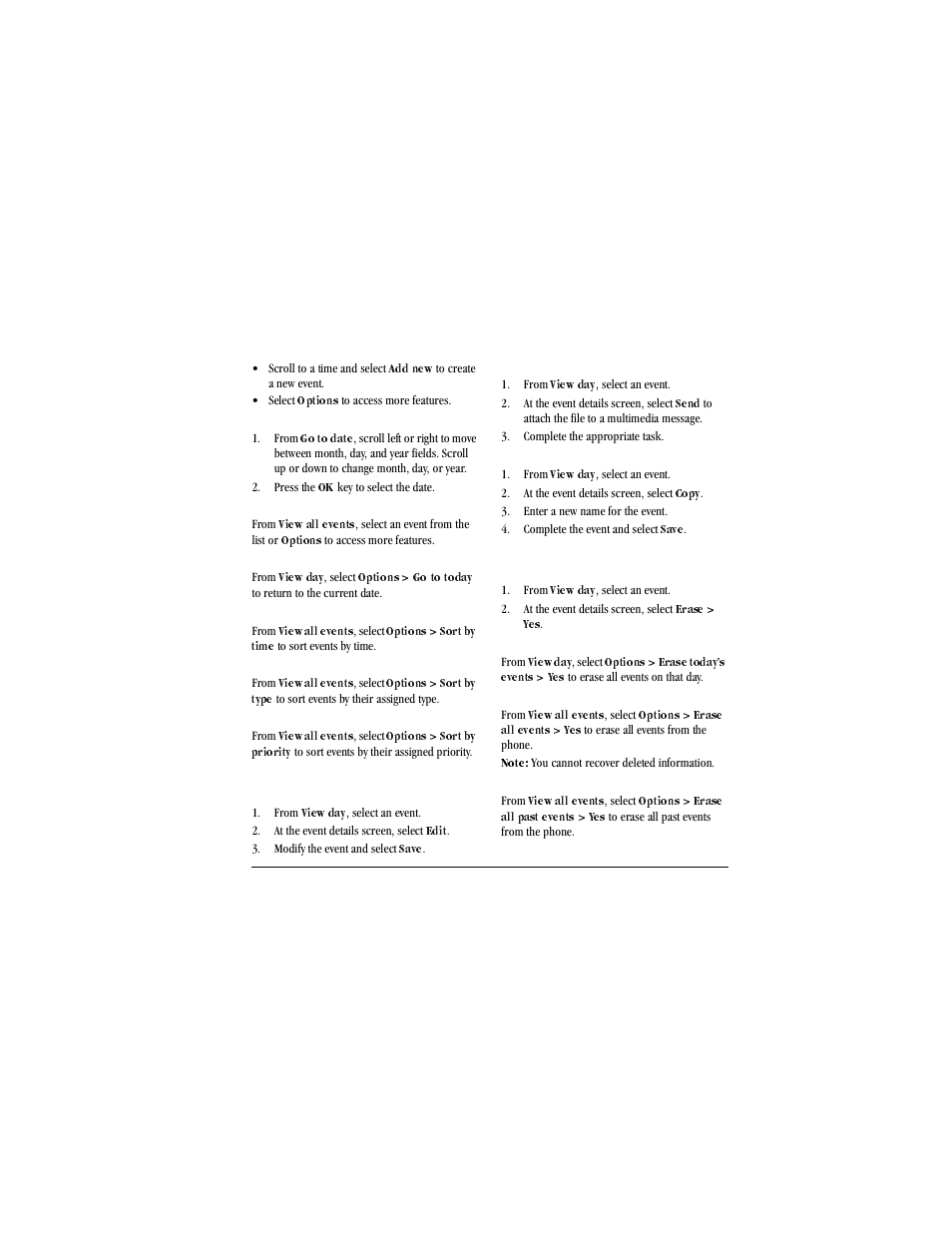 Scroll to a time and select, Add new, Select | Options, Go to a specific date, From, Go to date, Press the, View events by list, View all events | Kyocera X-tc M2000 User Manual | Page 61 / 90