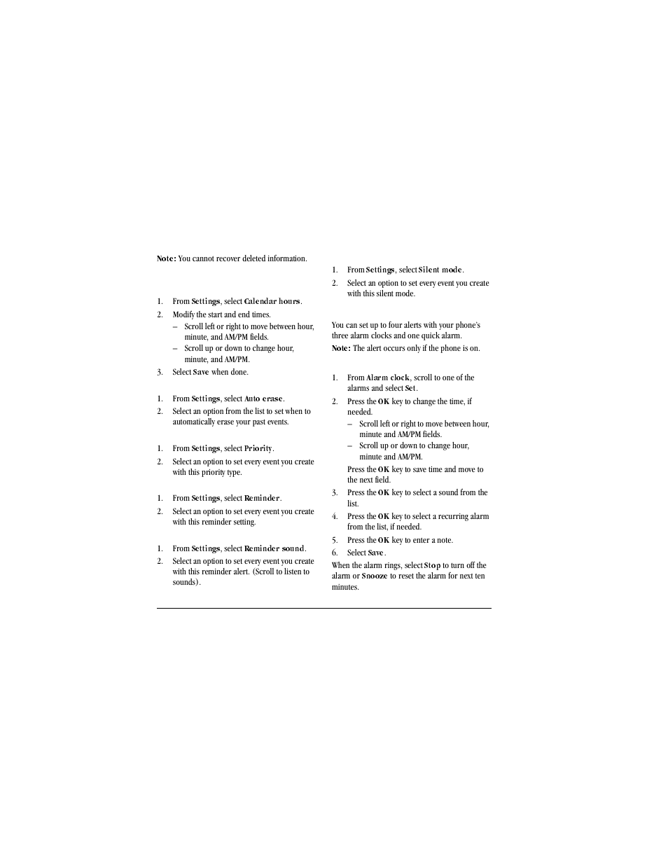 You cannot recover deleted information, Scheduler settings, Set scheduler hours | From, Settings, Calendar hours, Modify the start and end times, Select, Save, Erase events automatically | Kyocera X-tc M2000 User Manual | Page 62 / 90