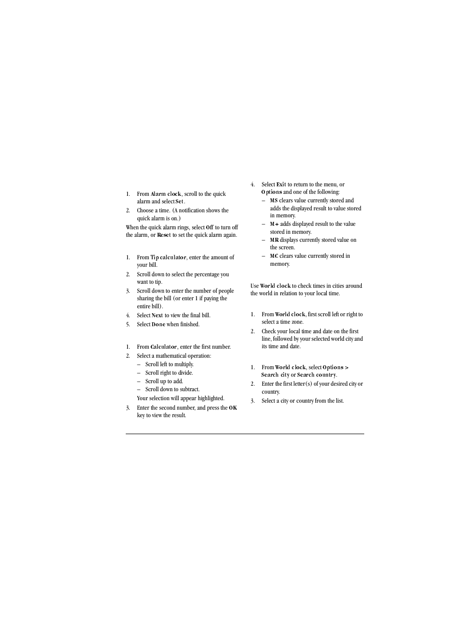 Set the quick alarm, From, Alarm clock | When the quick alarm rings, select, Reset, Use tip calculator, Tip calculator, Select, Next, Done | Kyocera X-tc M2000 User Manual | Page 63 / 90