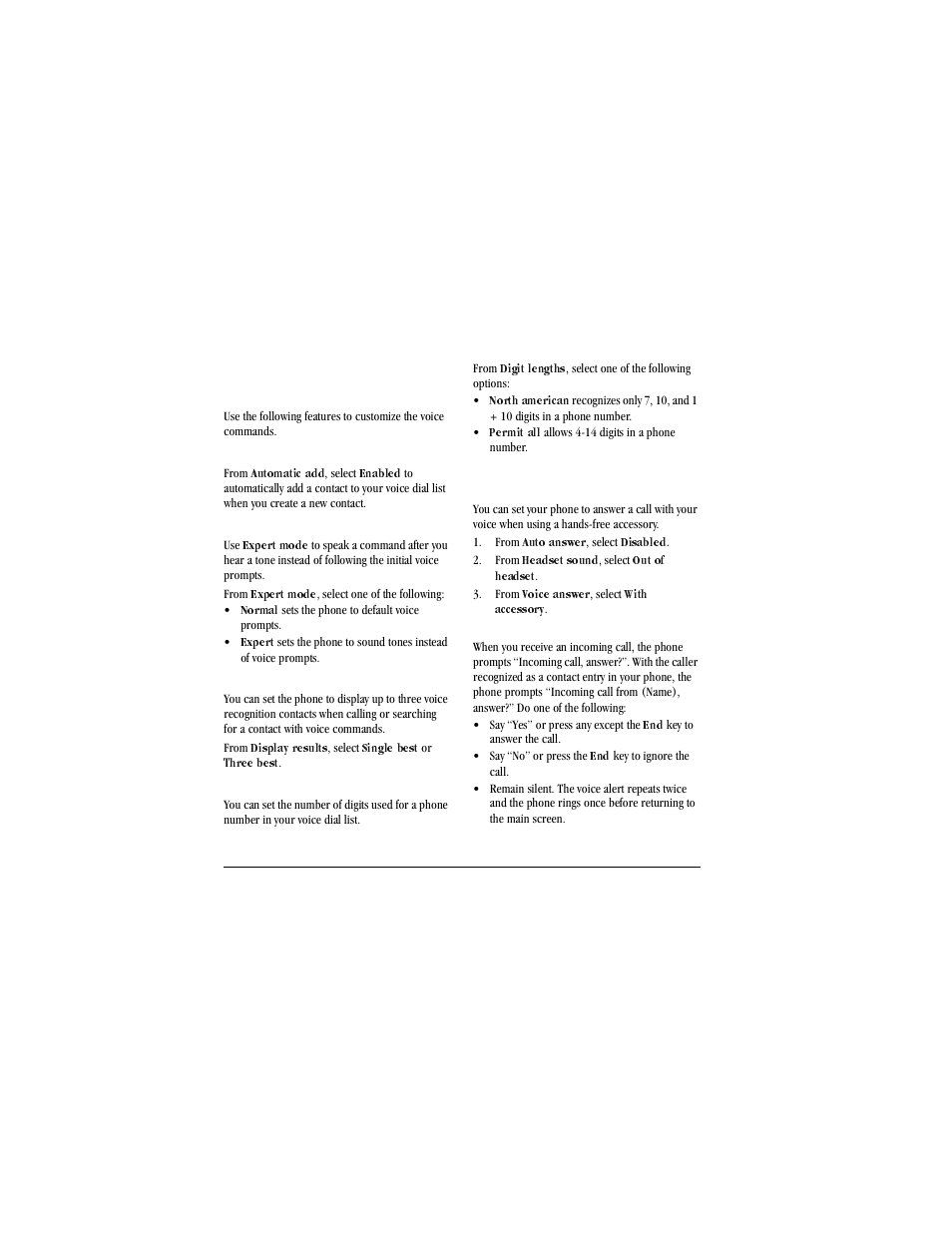 Call options, Voice dialing, Enable automatic add | From, Automatic add, Enabled, Set expert mode, Expert mode, Normal sets the phone to default voice prompts, Normal | Kyocera X-tc M2000 User Manual | Page 72 / 90