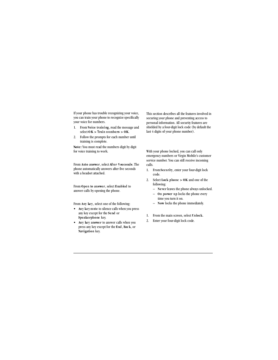 Use voice training, From, Voice training | Train numbers, Enable auto-answer, Auto answer, After 5 seconds, Enable open to answer, Open to answer, Enabled | Kyocera X-tc M2000 User Manual | Page 73 / 90