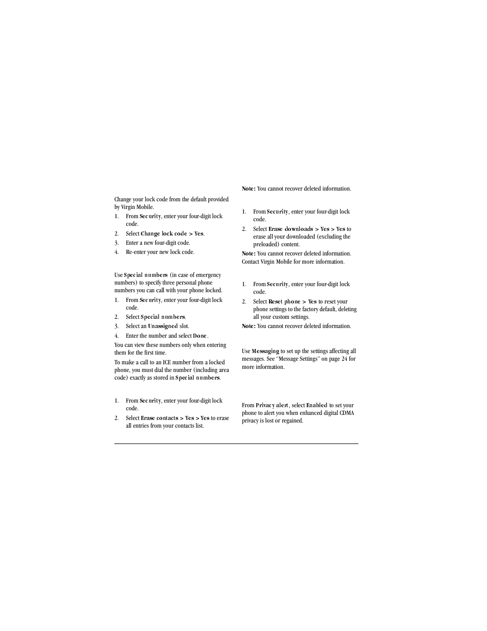 Change lock code, From, Security | Select, Enter a new four-digit code, Re-enter your new lock code, Assign, Special numbers, Select an, Unassigned | Kyocera X-tc M2000 User Manual | Page 74 / 90