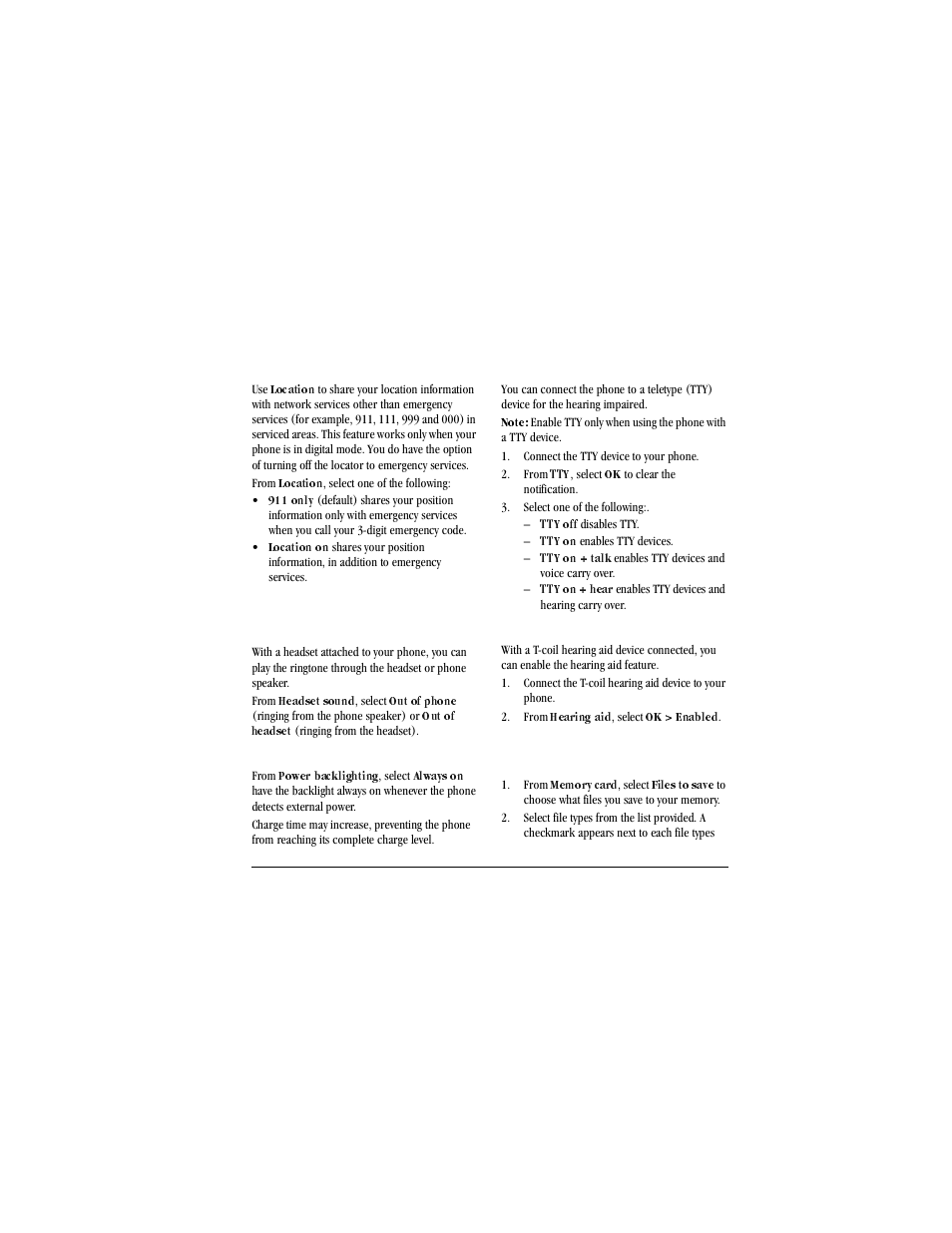 Set location information, Location, From | 911 only, Location on, Accessories, Set headset sounds, Headset sound, Out of phone, Out of headset | Kyocera X-tc M2000 User Manual | Page 75 / 90