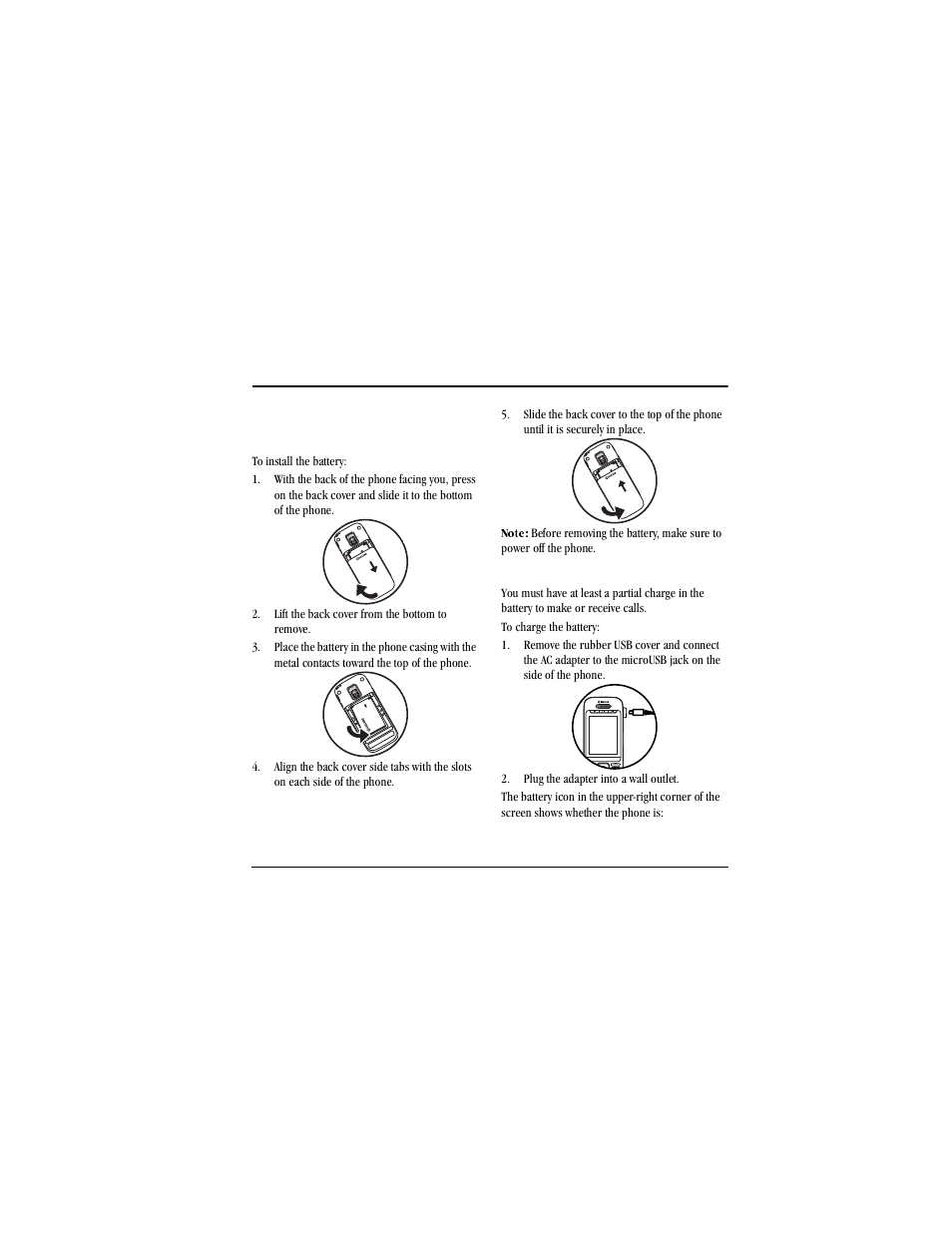 1 getting started, Phone battery, Install the battery | Battery:installing, Installing, Lift the back cover from the bottom to remove, Charge the battery, Battery:charging, Charging, Graphic | Kyocera X-tc M2000 User Manual | Page 9 / 90