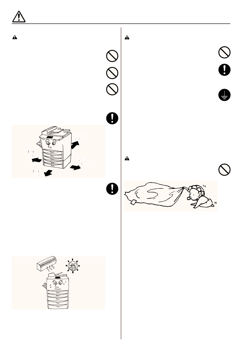 Installation precautions, Environment, Power supply/grounding the copier | Handling of plastic bags | Kyocera 4230 User Manual | Page 12 / 226