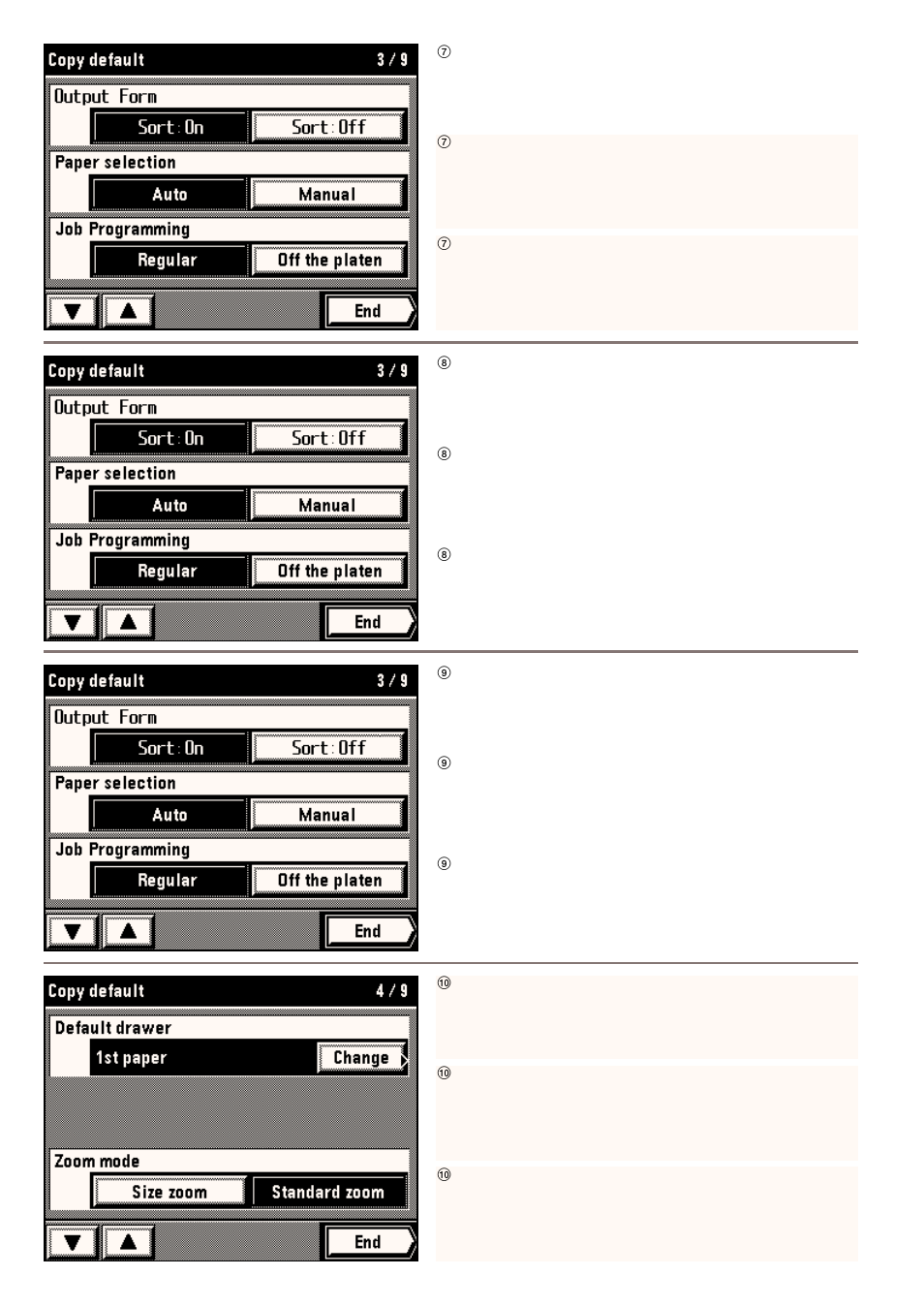 7 output form, 8 paper selection, 9 job programming | 10 default drawer | Kyocera 4230 User Manual | Page 148 / 226