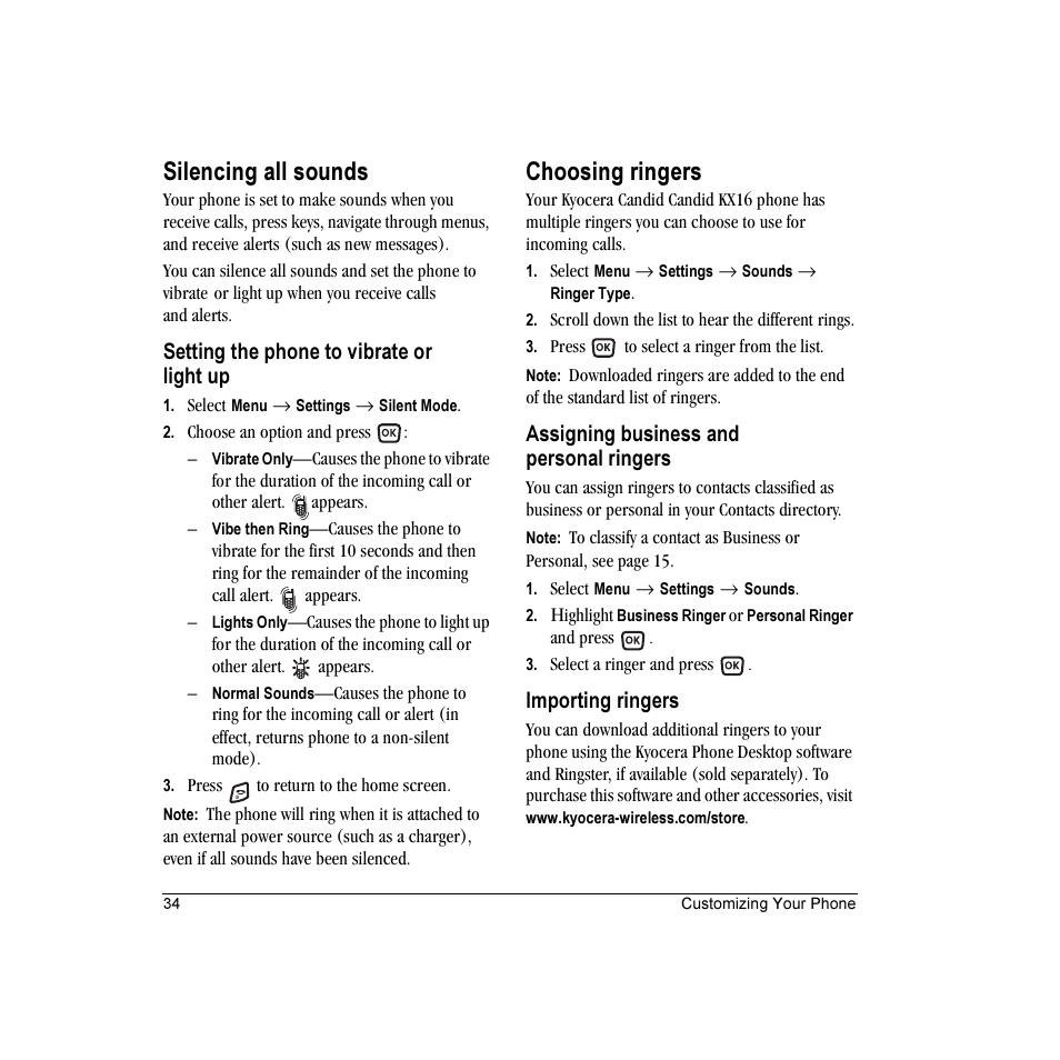 Silencing all sounds, Choosing ringers, Setting the phone to vibrate or light up | Assigning business and personal ringers, Importing ringers | Kyocera Candid KX16 User Manual | Page 40 / 64