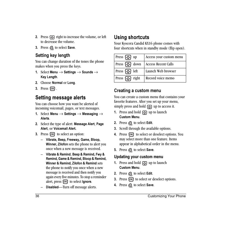 Setting message alerts, Using shortcuts, Setting key length | Creating a custom menu | Kyocera Candid KX16 User Manual | Page 42 / 64