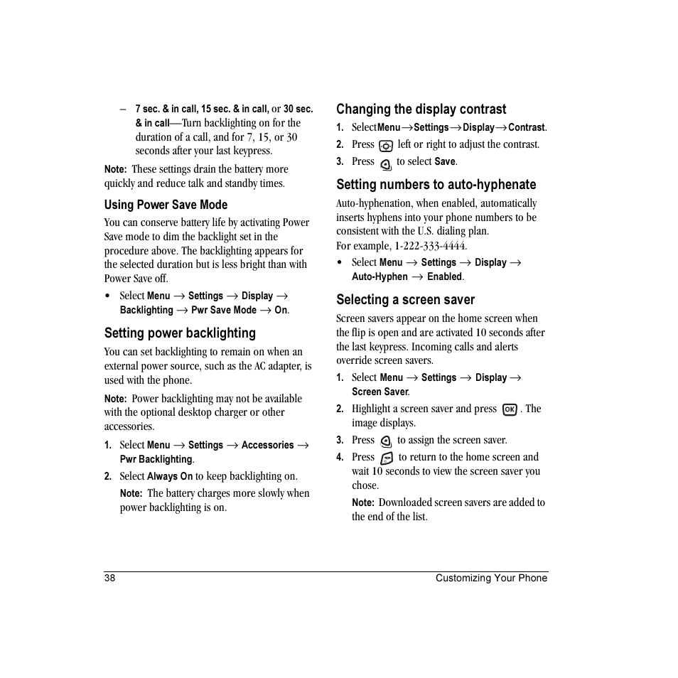 Setting power backlighting, Changing the display contrast, Setting numbers to auto-hyphenate | Selecting a screen saver | Kyocera Candid KX16 User Manual | Page 44 / 64