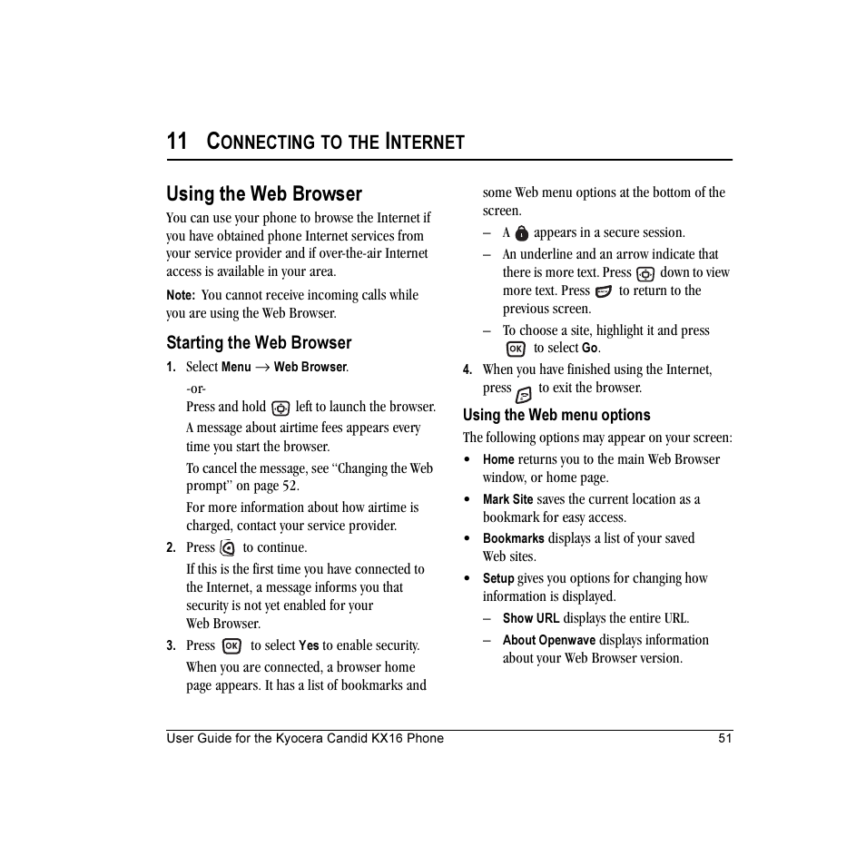 11 c, Using the web browser, Onnecting to the | Nternet | Kyocera Candid KX16 User Manual | Page 57 / 64