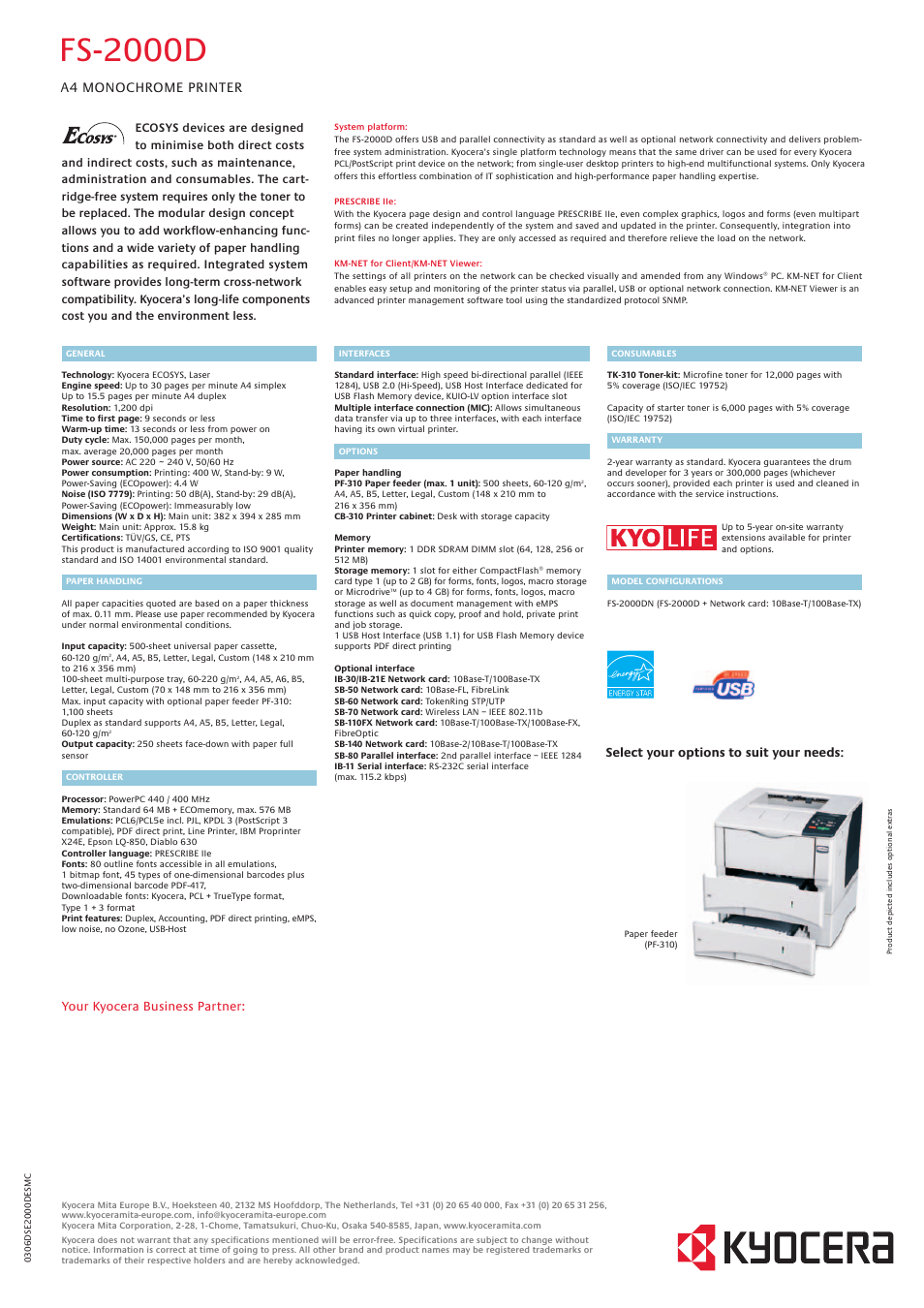 Fs-2000d, A4 monochrome printer, Your kyocera business partner | Select your options to suit your needs | Kyocera FS-2000DN User Manual | Page 2 / 2