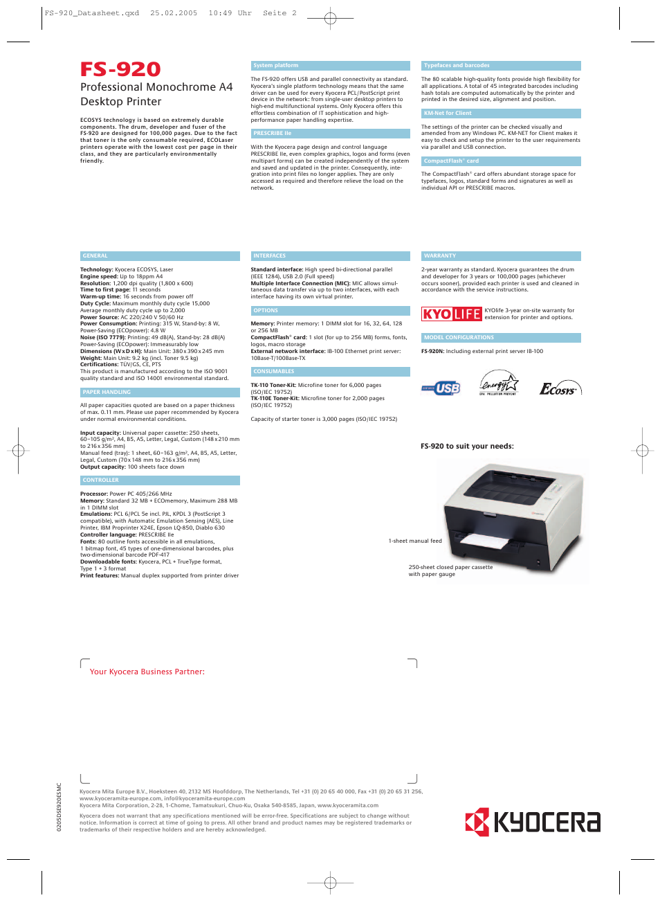 Fs -920, Professional monochrome a4 desktop printer | Kyocera FS-920 User Manual | Page 2 / 2