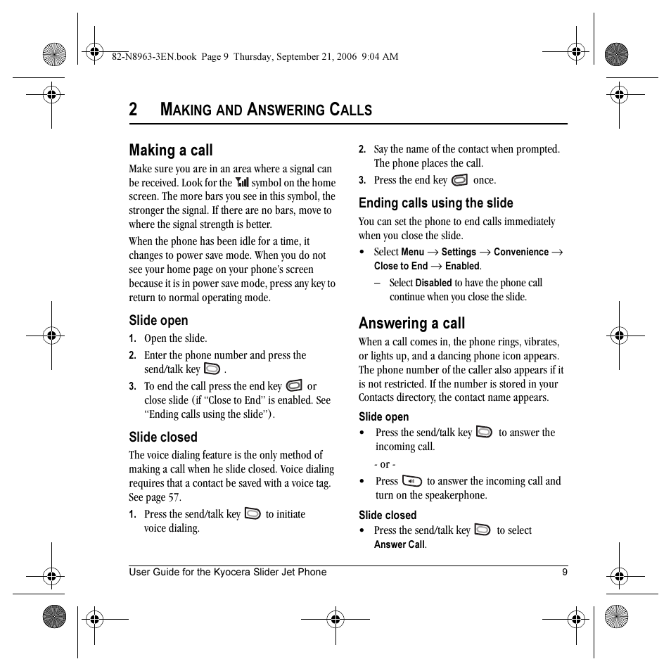 Making a call, Answering a call | Kyocera SLIDER JET KX18 User Manual | Page 15 / 80