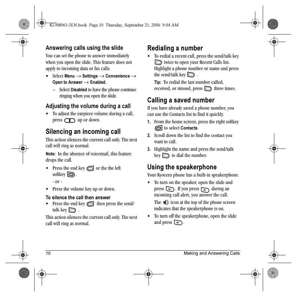 Silencing an incoming call, Redialing a number, Calling a saved number | Using the speakerphone | Kyocera SLIDER JET KX18 User Manual | Page 16 / 80