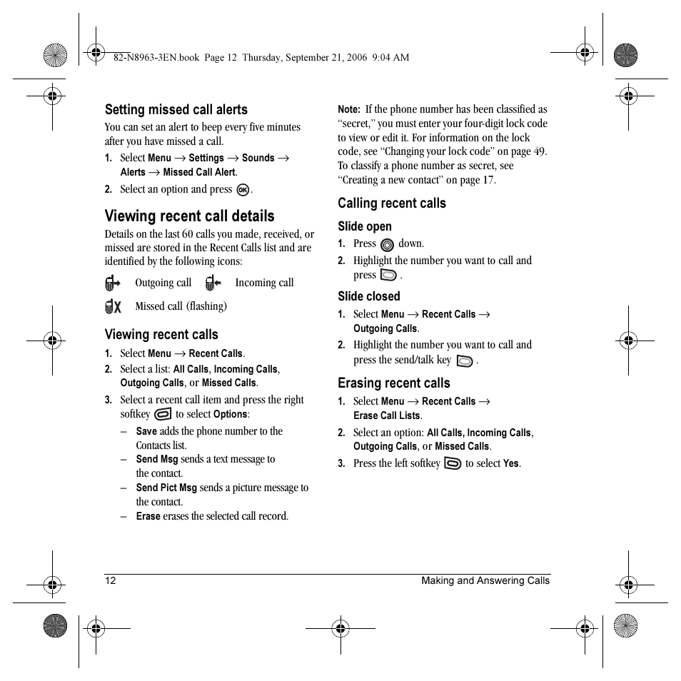 Viewing recent call details, Setting missed call alerts, Viewing recent calls | Calling recent calls, Erasing recent calls | Kyocera SLIDER JET KX18 User Manual | Page 18 / 80
