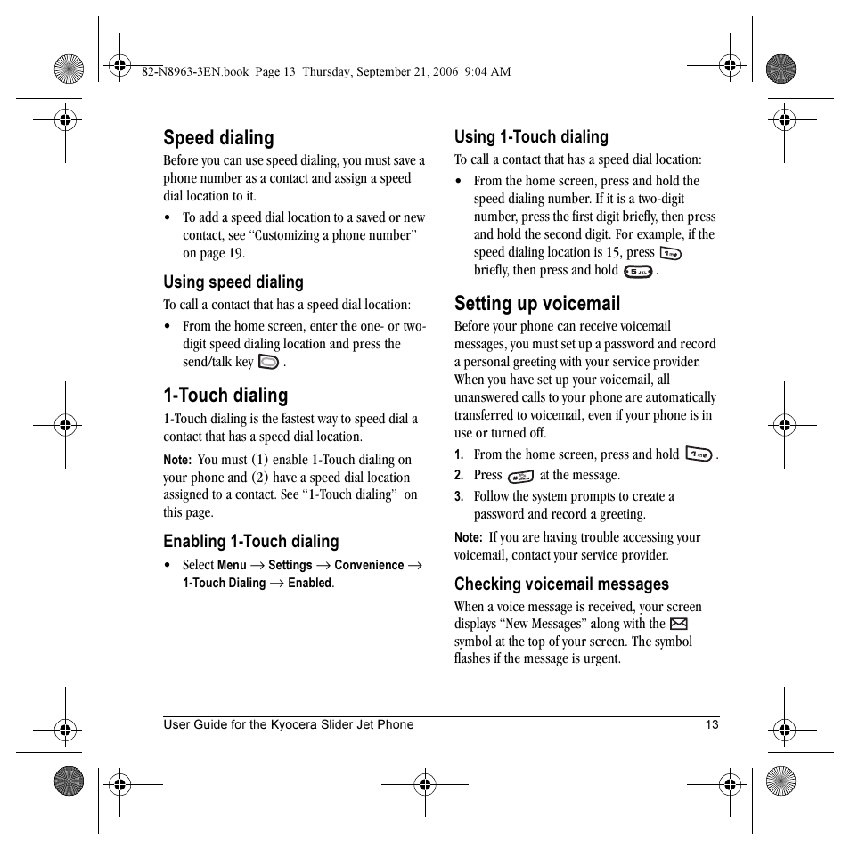 Speed dialing, Touch dialing, Setting up voicemail | Kyocera SLIDER JET KX18 User Manual | Page 19 / 80