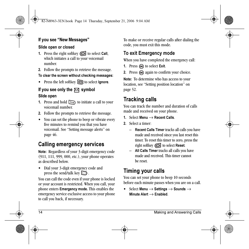 Calling emergency services, Tracking calls, Timing your calls | Kyocera SLIDER JET KX18 User Manual | Page 20 / 80