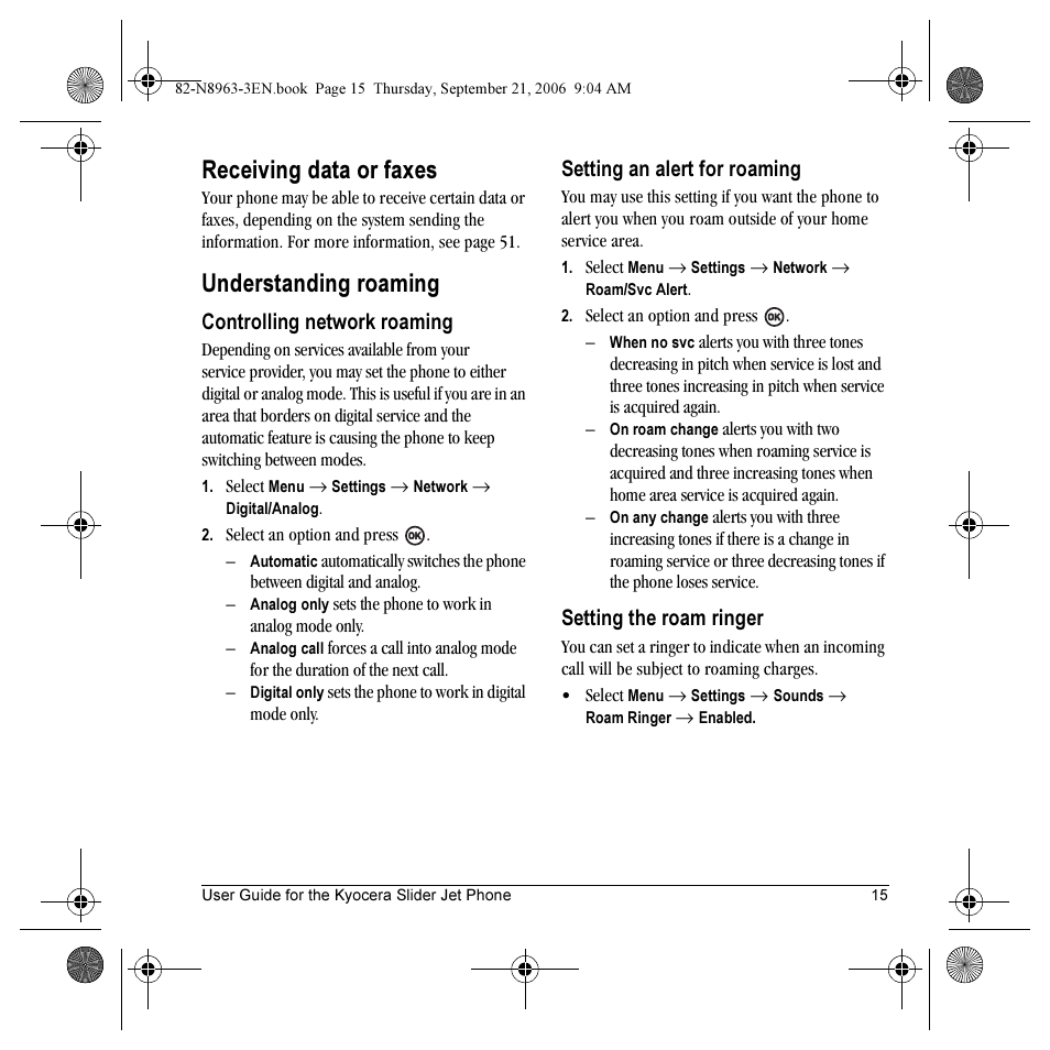 Receiving data or faxes, Understanding roaming | Kyocera SLIDER JET KX18 User Manual | Page 21 / 80
