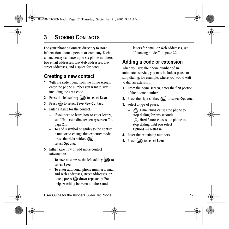Creating a new contact, Adding a code or extension, Toring | Ontacts | Kyocera SLIDER JET KX18 User Manual | Page 23 / 80