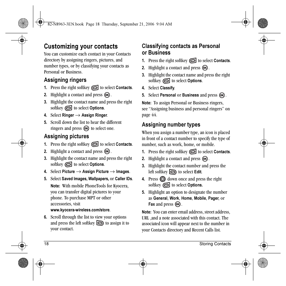Customizing your contacts, Assigning ringers, Assigning pictures | Classifying contacts as personal or business, Assigning number types | Kyocera SLIDER JET KX18 User Manual | Page 24 / 80