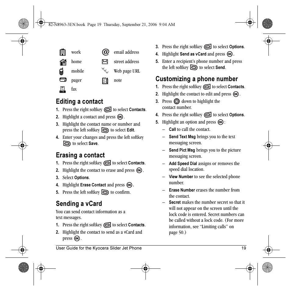 Editing a contact, Erasing a contact, Sending a vcard | Customizing a phone number | Kyocera SLIDER JET KX18 User Manual | Page 25 / 80