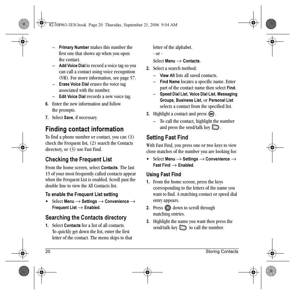 Finding contact information, Checking the frequent list, Searching the contacts directory | Setting fast find | Kyocera SLIDER JET KX18 User Manual | Page 26 / 80