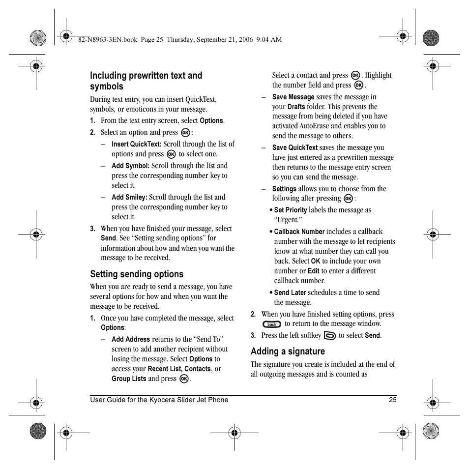 Including prewritten text and symbols, Setting sending options, Adding a signature | Kyocera SLIDER JET KX18 User Manual | Page 31 / 80