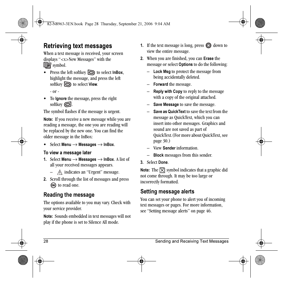 Retrieving text messages, Reading the message, Setting message alerts | Kyocera SLIDER JET KX18 User Manual | Page 34 / 80