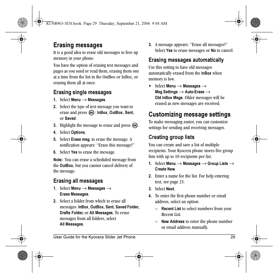 Erasing messages, Customizing message settings, Erasing single messages | Erasing all messages, Erasing messages automatically, Creating group lists | Kyocera SLIDER JET KX18 User Manual | Page 35 / 80