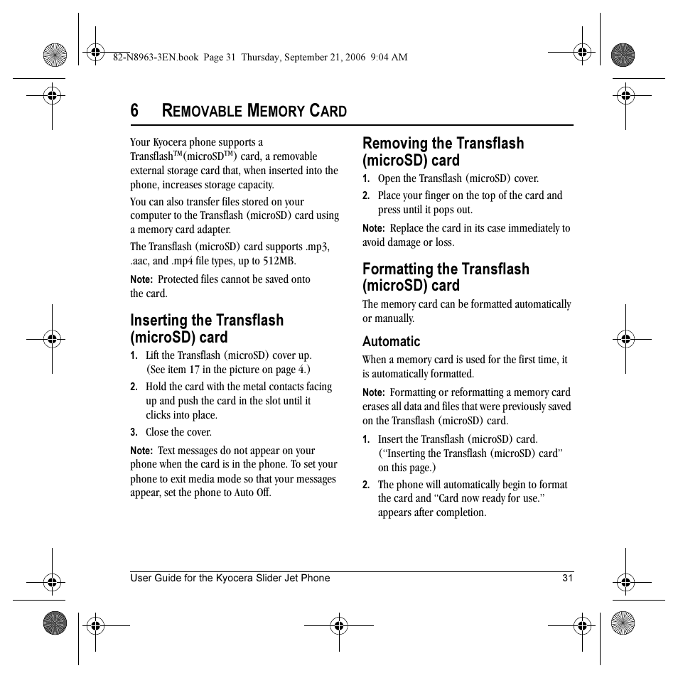 Inserting the transflash (microsd) card, Removing the transflash (microsd) card, Formatting the transflash (microsd) card | Emovable, Emory | Kyocera SLIDER JET KX18 User Manual | Page 37 / 80